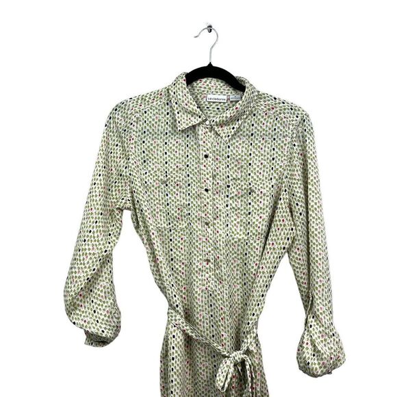 Liz Claiborne Blouse Top Button Up Tie Waist Rolled Tab Sleeves Green Women Sz M - Picture 2 of 5